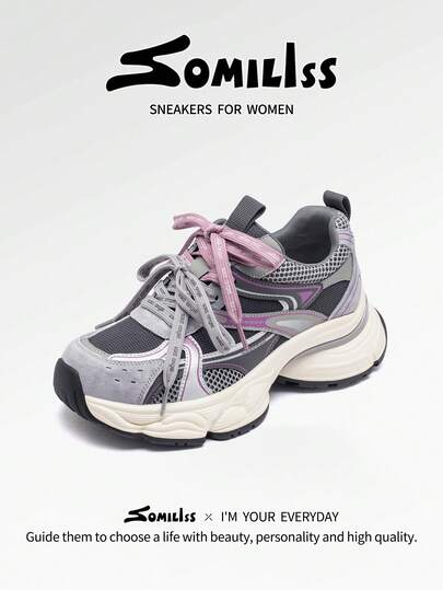 somiliss Women's Fashion Thick Sole Chunky Sneakers, Front Lace-Up Mesh & Leather Patchwork, Comfortable Casual Sports Shoes, Personalized 5.5cm High Heel, Low-Top Outdoor Walking Shoes, 2026 All-Season Commute Flat Shoes, Gray Purple