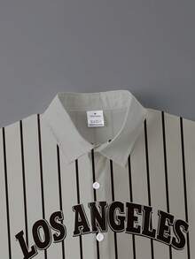 男士抗衰老条纹字母印花衬衫，印有“LOS ANGELES”字母图案，适合日常休闲穿着。 - 彩色 - 查看 3