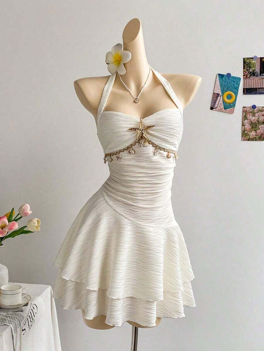 2026 Textured Knit Mini Dress With V-Neck Ruffles, Starfish And Shell Decoration, Metal Buckle, Suitable For Christmas, Date, Club, Bohemian Style, Holiday, Autumn, Vintage, Party For Women - Pink - View 1