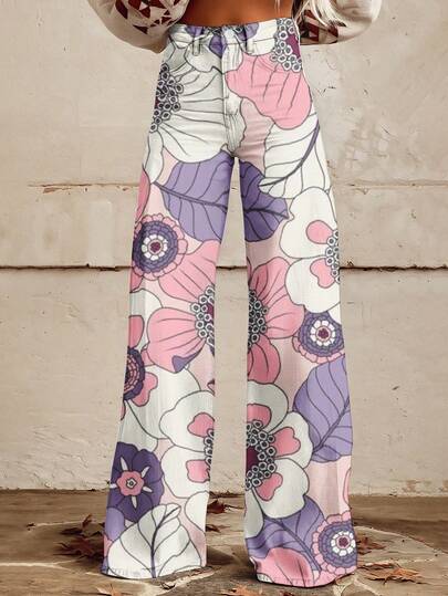 Floral Print Wide Leg Pants Women High Waist Loose Fit Casual Trousers Boho Style Long Pants With Elastic Waistband