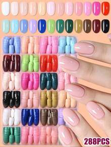 288-Piece Nail Art Sticker Set, 24 Colors, Glossy Acrylic False Nails, Full Coverage, Oval, Mixed Colors, Solid Color Patterns, Short, Perfect Gift For Women And Girls, Nail Art Accessories - Multicolor - View 2