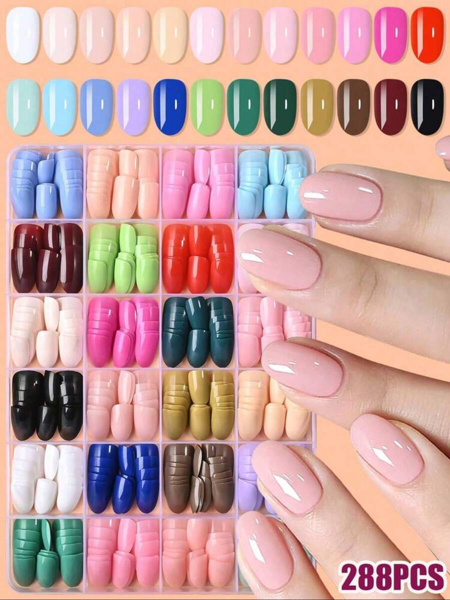 288-Piece Nail Art Sticker Set, 24 Colors, Glossy Acrylic False Nails, Full Coverage, Oval, Mixed Colors, Solid Color Patterns, Short, Perfect Gift For Women And Girls, Nail Art Accessories