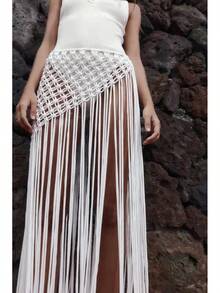 Beachapche Hand Crochet Tassel Skirts Women Fashion Side High Knitted  Beach Cover Ups - Quả cam - Xem 4