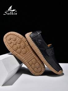 Salkin 男士时尚乐福鞋，简约字母印花，手工缝制，休闲鞋，学院风，魔术贴搭扣，平底，适合办公穿着，四季皆宜，黑色，大码 - 黑色 - 查看 5