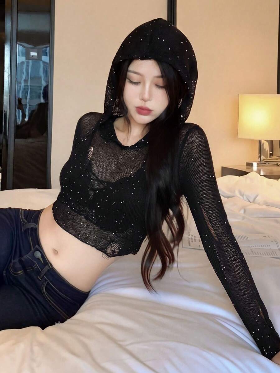 2026 Summer Sexy Ripped Sequin Cropped Hoodie, Sweet & Spicy Streetwear Y2K See-Through Long Sleeve Knit Cover Up Spring - Black - View 1