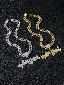 1pc Men's Fully Iced-Out Cuban Link Chain Necklace With Angel Pendant, Hip Hop Style - Style a - View 2