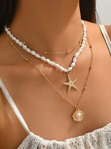 3pcs Teenage Summer Ocean Style White Shell, Gold Chain Necklace With Fashionable Alloy Starfish & Shell Pendants, Suitable For Daily Wear And Vacation, Ideal For Beach, Photography And Decoration - Multicolor - View 2