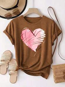 Casual Plus Size T-Shirt For Women With Love Heart Print Short Sleeve Round Neck Regular Fit Tee,Only One Short-Sleeve Shirt - 駝色一件裝-2 - 查看 3