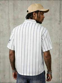 Men's Striped Letter & Number Print Casual Versatile Daily Wear Shirt - Black and White - View 5