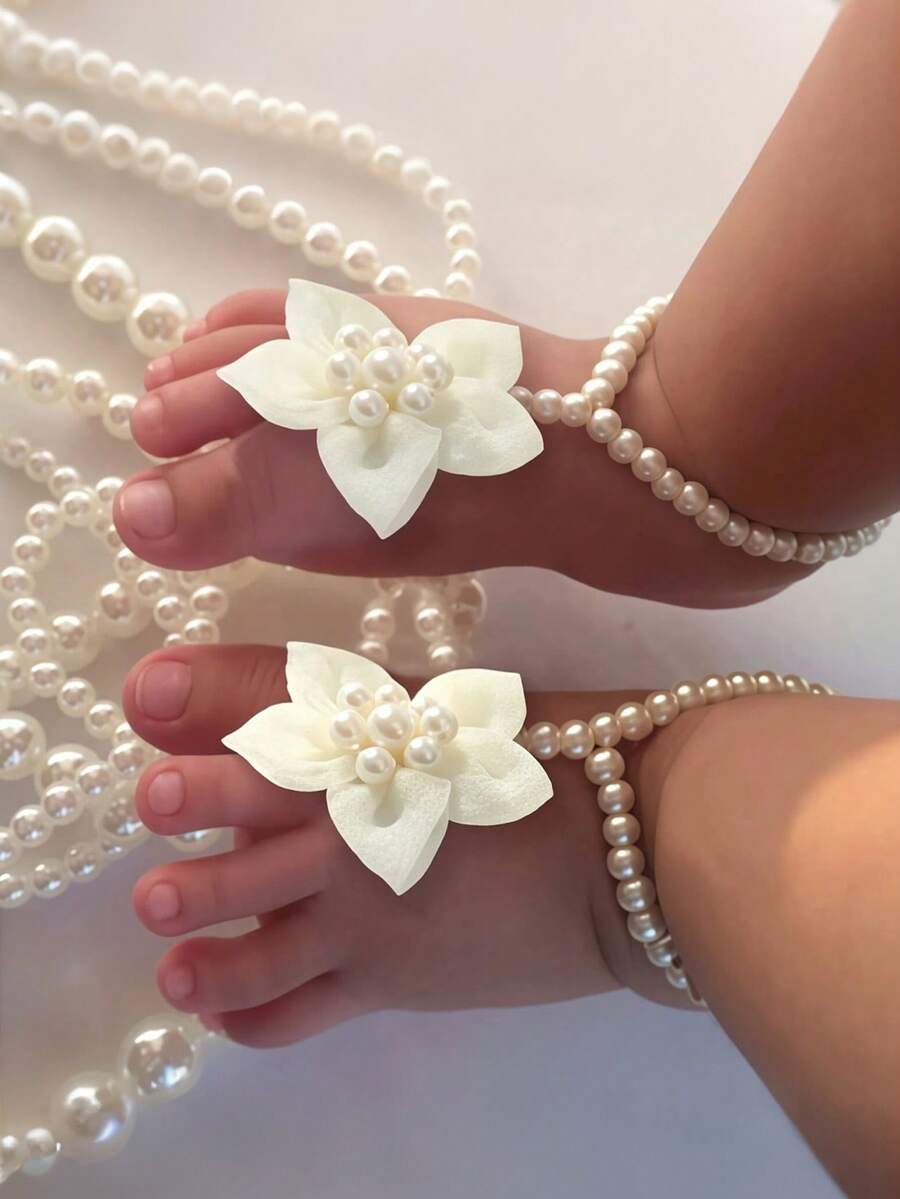 2 chiếc vòng chân ngọc trai cho bé, trang sức chân mùa hè cho bé, phụ kiện chụp ảnh. - màu trắng nhạt - Xem 1