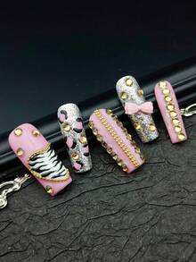 DIY 10pcs Square Nails French Tips, Metallic Bright Golden Nails Multi Color Nail Art Pink Nails , Handmade Nails Powder Hand Drawn 3D Crafted Flowers 3D Silver Chain 3D Golden Beads Patterns 3D Love Eleent Handpainted Leopard Zebra Print Y2k Style 100% Handmade Press On Nail Art Set, Suitable For Women And Girl For To Wear Daily Parties Includes:A Piece Of Jelly Glue And A Friction Strip)Nail Supplies Nails - 彩色 - 查看 3