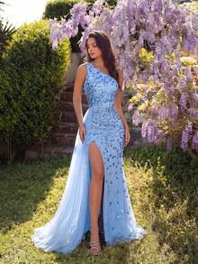 ADYCE Vestido elegante de lentejuelas con cintura alta, abertura larga y espalda descubierta, adecuado para galas, fiestas de cumpleaños, cenas formales, citas, bailes de graduación, invitados de boda y ocasiones formales - Celeste - Ver 5