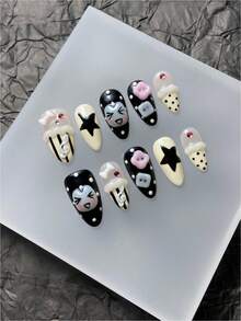 Handmade Reusable False Nails, Summer Style, 3D Wearable Nails, Y2K Fashion, Almond Shaped Nails, Black & Cream Polka Dot & Star Pattern Design, Cute Cartoon Face & Button Decor, Sweet False Nails With Musical Note & Bow Details, Casual Japanese Manicure Style, Reusable Press-On Short Nails - Multicolor - View 9