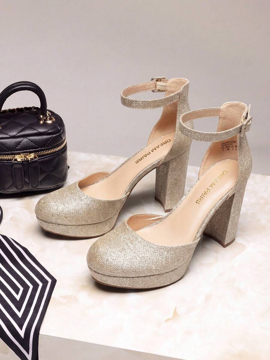 Women's Platform High Chunky Heels Pumps Closed Toe Block Ankle Strap Solid Color Comfortable Fashionable Bridal Party Wedding Dress Shoes - Vàng - Xem 1