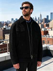 Nueva chaqueta de ante elegante y con encanto para hombre, de la colección primavera/otoño, con grandes bolsillos. - Negro - Ver 2