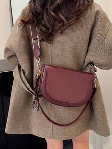 ZA New Autumn Women's Burgundy Saddle Bag, Contrast Stitching Design, Top Handle Shoulder Crossbody Flap Rigid Bag - Red - View 6