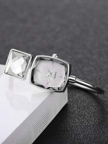 1pc Elegant Rhinestone Bangle Watch, Women's Petite Minimalist Square Dial Quartz Wristwatch, Versatile - Silver - View 4