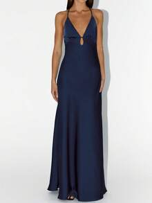 Women's Satin V Neck Bodycon Cami Dress Sleeveless Backless Cocktail Party Wedding Guest Long Maxi Dresses - 藏蓝色 - 查看 6
