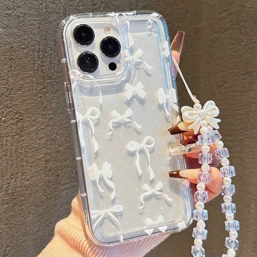 Ốp lưng trong suốt in hình nơ trắng Coquette cho iPhone, ốp lưng TPU mềm trong suốt chấm bi dễ thương kèm dây nơ ngọc trai, chống rơi vỡ và chống sốc cho iPhone 17 16 15 14 13 Pro Max - Nhiều màu - Xem 1