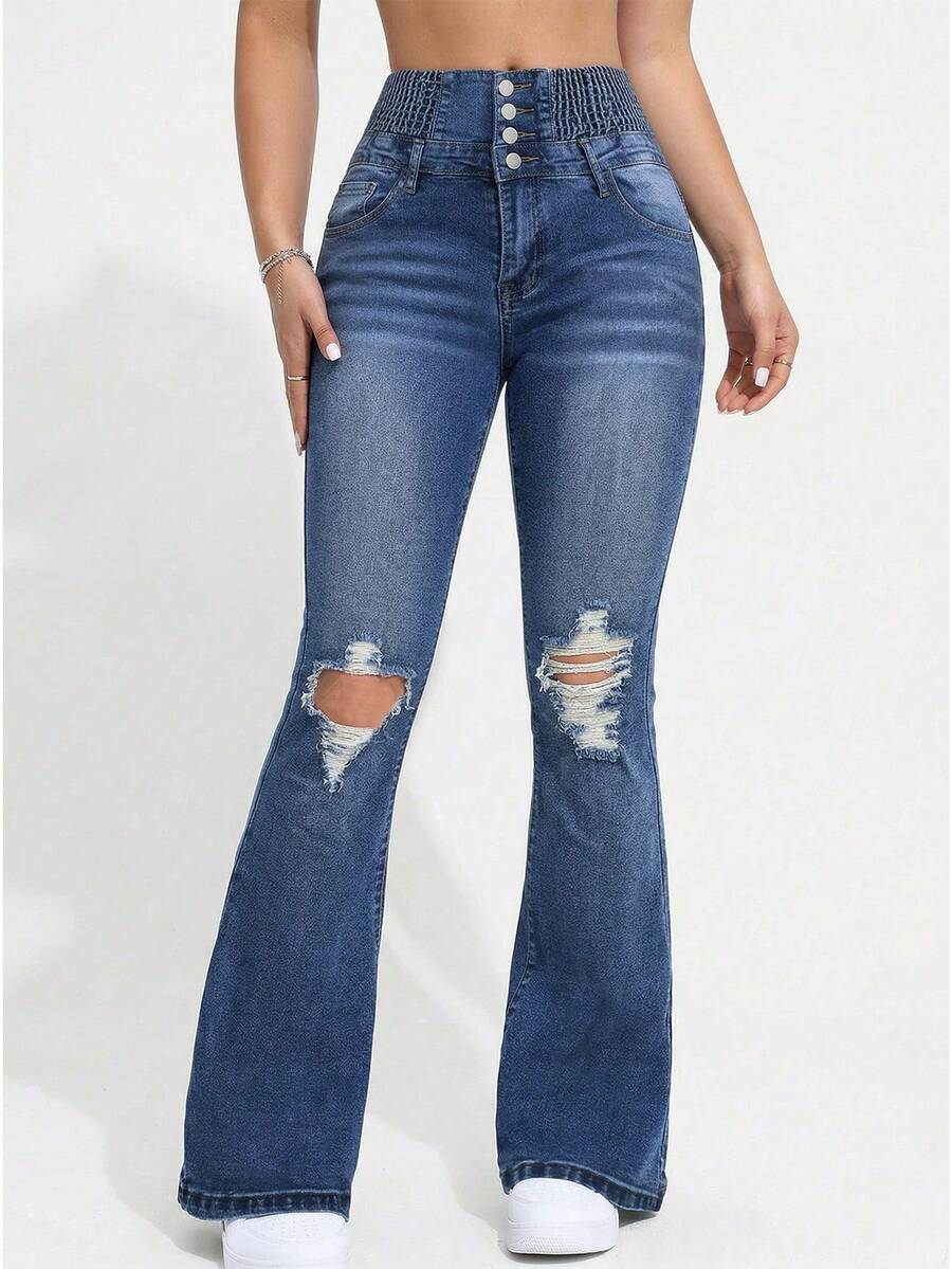 Women's Single-Breasted Slim Fit Stretchy Flare Leg Jeans Casual - Dark Wash - View 1