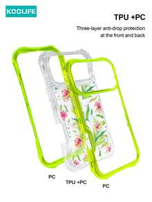 Koolife 1pc Green Frame Floral Print 3-In-1 Anti-Drop Phone Case, TPU+PC Shockproof Cover, 3-Layer Reinforced Protection, Fresh Flower Pattern For Daily Use, Compatible With Apple17/17pro/17promax - Green - View 2