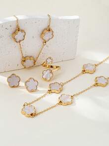 4pcs Fashionable Elegant Lucky Clover Design Necklace, Bracelet, Ring, Earrings Jewelry Set, Suitable For Women's Daily Wear, Best Gift For Valentine's Day, Girlfriend, Mother - White - View 5