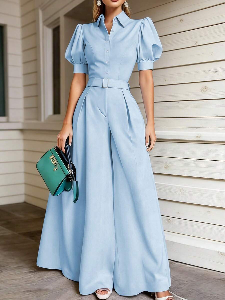 Elegant Women's Wide Leg Long Jumpsuit With Puff Short Sleeves, Collar, Button And Belt Decor Summer - Blue - View 1