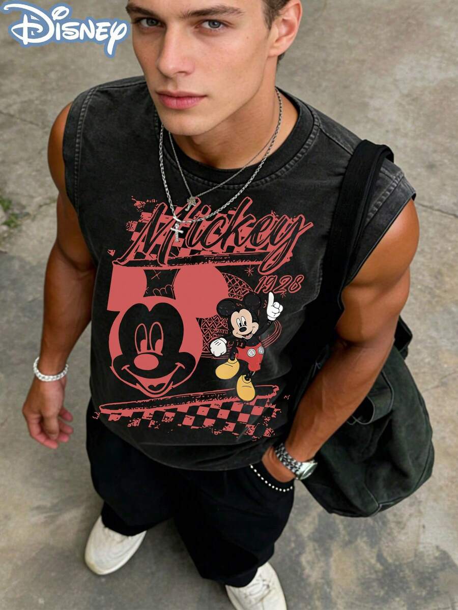 Disney Mickey Mouse 1928 Officially Licensed Men's Sleeveless Graphic Tee, 100% Cotton 230g Washed Vintage Casual Shirt - 黑色 - 查看 1