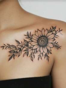 1片可移除防水向日葵藤蔓纹身贴纸，用途广泛，可用于锁骨/肩部，持久2-3天 - 黑色 - 查看 3