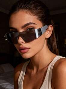 1pc Frameless Single Lens Punk Fashion Glasses Street Style Pose Glasses For Women - Silver Frame White Mercury - View 6
