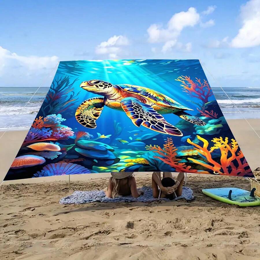 1件海洋海龟印花户外遮阳布,露营遮阳篷,花园露台遮阳篷,沙滩遮阳帘,户外探险遮阳伞,户外露营公园草坪沙滩野餐垫(不含伞杆) - 深海藍漸層海龜 - 查看 1