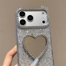 Espejo de maquillaje con purpurina plateada y soporte con cristal en forma de corazón, Funda de teléfono de lujo con cobertura completa y protección de lente, compatible con iPhone 17/16/15/14/13 Pro Max - Multicolor - Ver 6