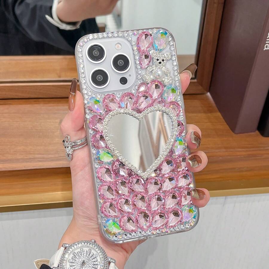闪亮心形迷你镜面手机壳,兼容 17 Pro Max/17 Pro/17、16 Pro Max/16 Pro/16、15 Pro Max/15 Pro/15、14 Pro Max/13,奢华保护套 - 粉色 - 查看 1