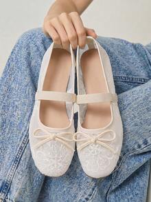 Giày bệt slip-on kiểu dáng thanh lịch mới, chất liệu lưới rỗng, thắt nơ, màu be (kiểu dáng bất đối xứng). - Màu be - Xem 3