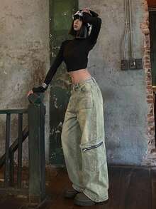Retro amerikanische Marke Straight Leg High Waist Destroyed Slim Fit Damen Jeans - Mittele Waschung - Übersicht 5