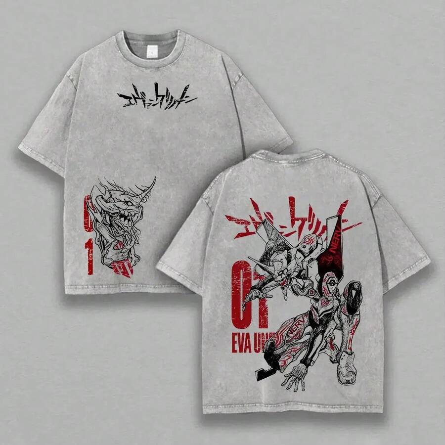 Unisex Washed T-Shirt With Neon Genesis Print EVA Unit-01 - Grey - View 1