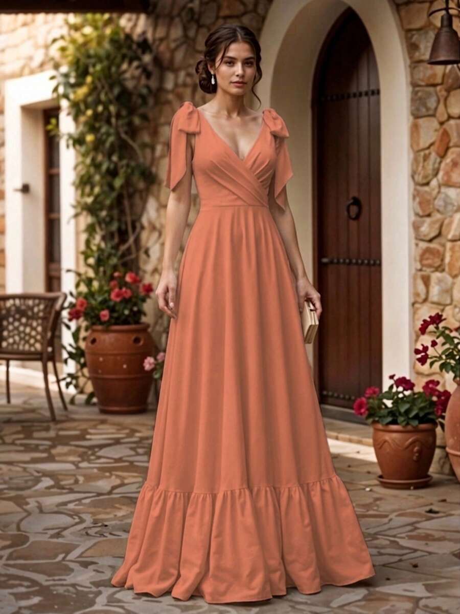 Women's V-Neck Backless Long Dress - Orange - View 1