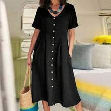 2026 Spring/Summer New European And American Style Solid Color Loose High-Waisted Cotton-Linen Dress - Khaki - View 3