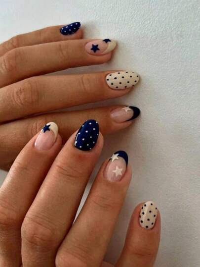 24pcs Oval Star Polka Dot Nail Stickers, Acrylic Material, Perfect Fit, Set Includes: 1pc Jelly Gel And 1pc Nail File. Short Nail Stickers Make Your Fingertips Shine Brilliantly, Suitable For Parties, Dancing And Daily Use