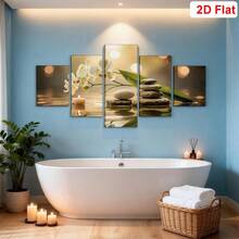 5 piezas de póster enmarcado, pintura en lienzo de orquídea zen y piedra, decoración enmarcada de madera para relajación, regalo del Día de la Madre, adecuado para la sala de estar, el estudio de yoga, el spa, el baño - perfecto para el rincón de meditación y los regalos festivos, decoración del hogar zen - Multicolor - Ver 6