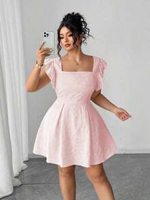 Vestido de verano de talla grande para mujer, con cintura ceñida, volantes en las mangas y estampado jacquard de unicolor, elegante estilo vacacional - Rosa - Ver 4