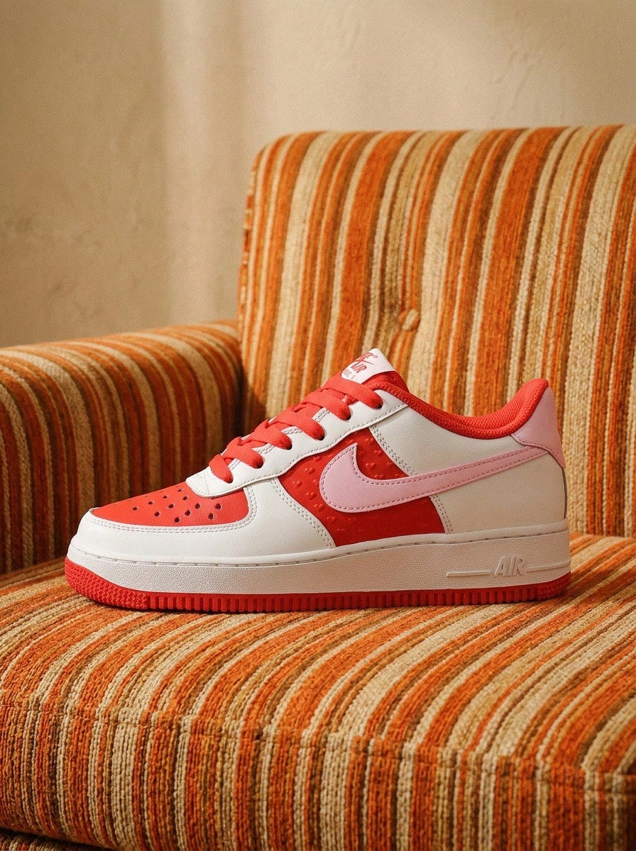 Nike Giày thể thao Air Force 1 phiên bản ngày lễ tình nhân dành cho nữ, thường ngày, dùng để tập gym, mặc hàng ngày, quà tặng hẹn hò, chất liệu da êm ái, họa tiết trái tim, đế giữa bằng mút xốp, cổ thấp, cổ giày có đệm, độ bám bền bỉ, dễ phối đồ, thời trang đường phố, phiên bản giới hạn, màu trắng nhạt, đỏ thẫm, đỏ rực, hồng, mút xốp, HV5165-121 - Bọt Peak White/Pink - Đỏ nhạt và đỏ đậm - Xem 1