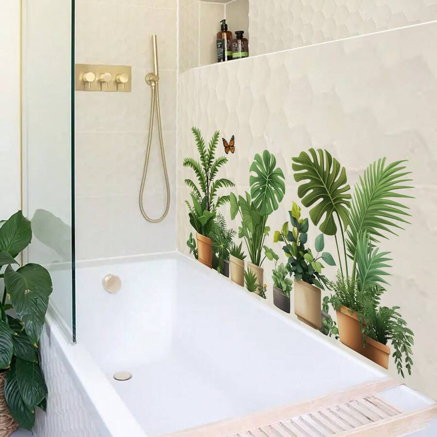 1pc Tropical Green Plant Wall Sticker, Turtle Back Fern Bathroom Decor Sticker, Self-Adhesive Removable No Residue - Multicolor - View 1