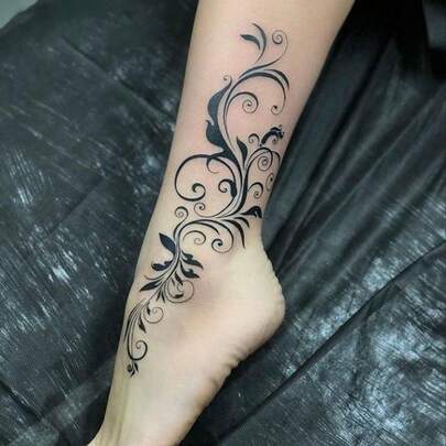 1pc Washable Black Vine Tattoo Sticker, Vintage Coil Design For Ankle/Calf, Waterproof Temporary Tattoo Lasts 2-3 Days
