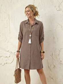 Women's Striped Roll-Tab Sleeve Front Button Shirt Dress For Vacation & Leisure - Marrón - Ver 4