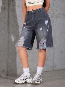 Washed Ombre Distressed Loose Denim Bermuda Shorts Casual Summer - Dark Grey - View 3