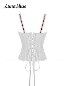 Lunamus Nuevo top de verano/primavera de mujer con encaje blanco vintage y parches de encaje rojo con cordones, top corset con boning estilo victoriano, top camiseta sexy llamativo Y2K, top crop elegante y ajustado de alta gama. Adecuado para: diario, casual, fiesta, vacaciones, cita, calle, actuación, al aire libre, vuelta al cole, estilo ballet, romántico francés, Acción de Gracias, festival de música, San Valentín, Año Nuevo, fiesta - Blanco - Ver 7