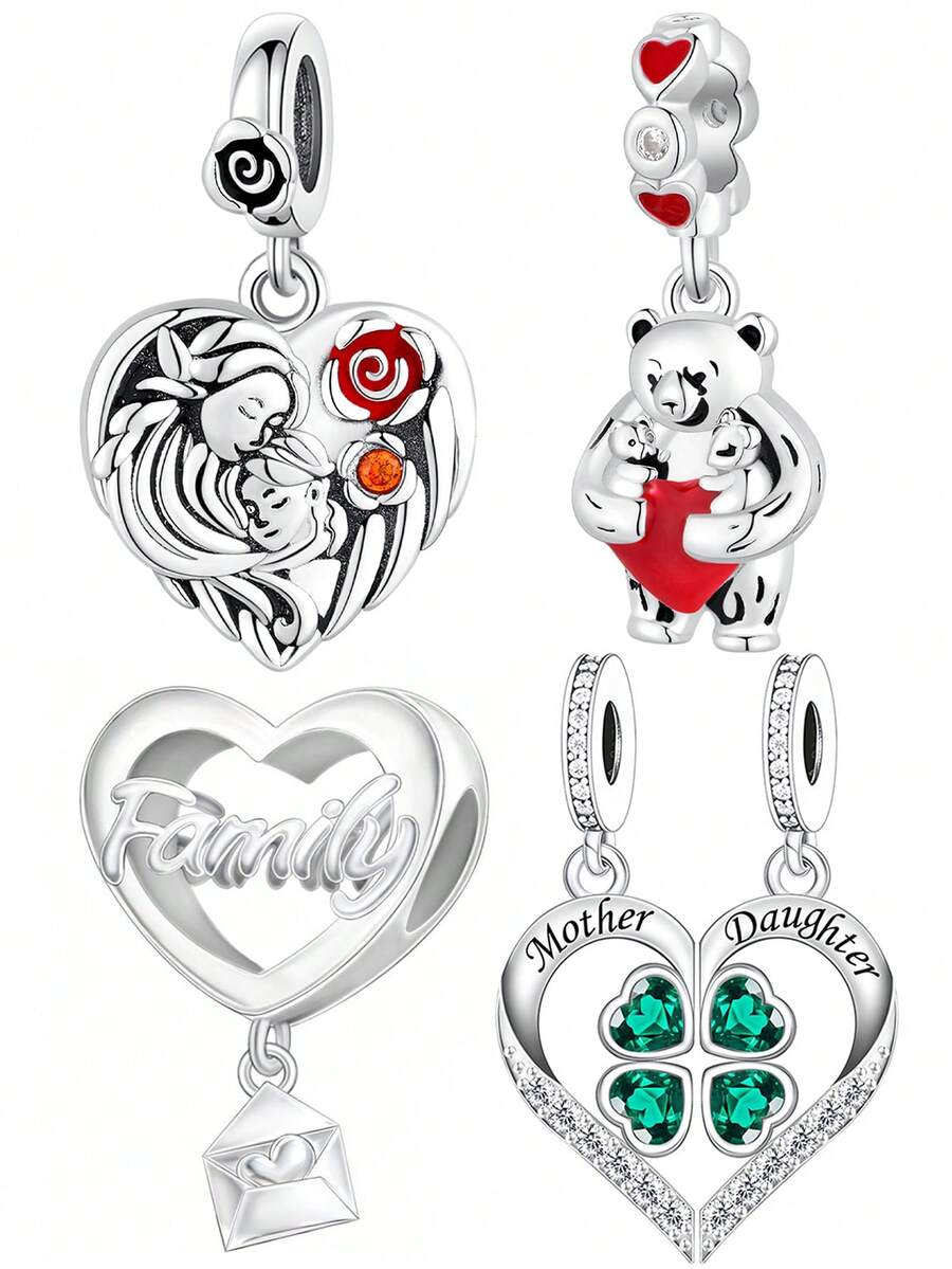 Fashionable Niche Design Warm Healing Mother's Love & Affection Themed Heart, Teddy Bear Beaded Pendant, Versatile DIY Bracelet Necklace, Mother's Day Gift - Silver - View 1