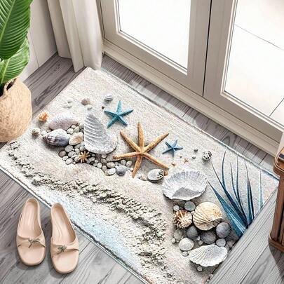 1pc Light Beige Beach-Themed Doormat, Printed With Starfish, Seashells, Faux Pebbles And Turquoise Seaweed, Made Of TPR With Faux Wool Surface, Suitable For Bathroom, Kitchen, Laundry Room, Holiday, Home, Party, Wedding, And Dining Decor