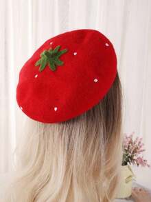 Cute Strawberry Embroidered Wool-Mix Beret,School Hat Valentine's Day Valentines - Nhiều màu - Xem 1